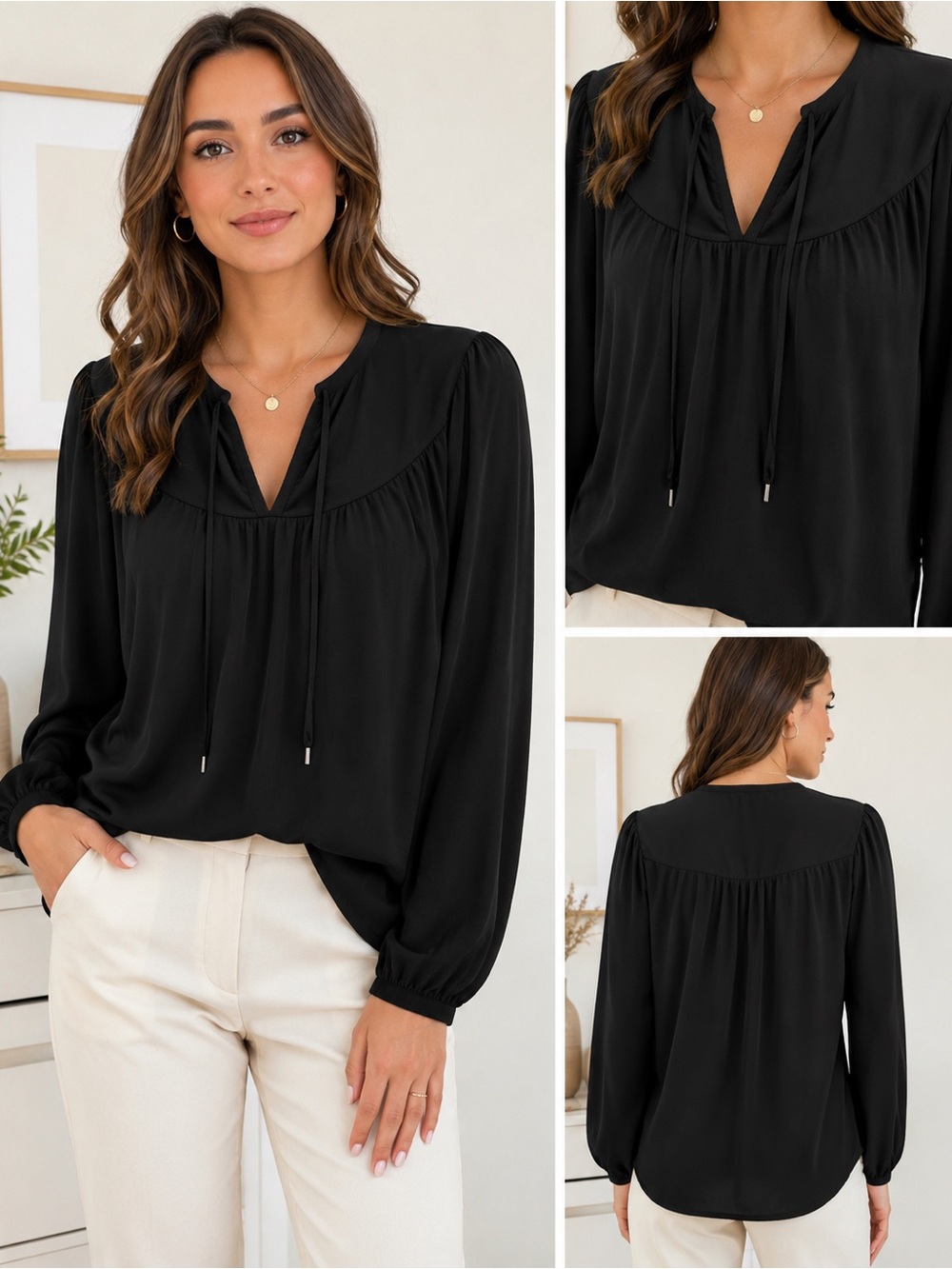 Michael Kors Black Peasant Blouse Minimalist Office Chic Long Sleeve Top Sz S